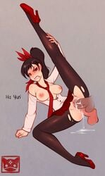 1girls 2boys anal anal_penetration black_hair cum cum_in_ass cum_in_pussy cum_inside double_penetration female ha_yuri_jahad heels high_heels highres leg_up leggings male multiple_boys ninjakitty open_shirt penis red_eyes ripped_clothing skirt tie tower_of_god vaginal vaginal_penetration