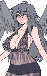 1girls ahoge angel angel_wings black_dress black_hair blush breasts cleavage feathers female female_only highres large_breasts long_hair looking_at_viewer navel nipples original purple_eyes roadi3 see-through simple_background solo white_background wings