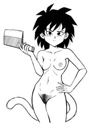 belly_button black_eyes black_hair blush breasts cleaver closed_mouth dragon_ball dragon_ball_super erect_nipple female gine hand_on_hip hecticarts looking_at_viewer nipple nude nude_female pubic_hair pussy saiyan saiyan_tail shounen_jump solo stomach tail unamused