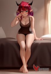 1girls 2d ai_generated ass barefeet big_ass bra breasts erophoenix feet female female_focus full_body heterochromia hololive hololive_english hololive_english_-promise- horns irys irys_(hololive) looking_at_viewer medium_breasts panties patreon_username pointy_ears red_hair short_hair solo solo_female sweat thick thick_thighs toes uncensored underwear virtual_youtuber vtuber