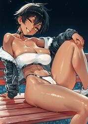 1girls abs bare_breasts bare_legs bare_shoulders bare_thighs big_breasts black_hair blush breasts choker clothed clothing dark-skinned_female dark_skin earring exposed_breasts female female_focus female_only fit_female hi_res jacket kurobe_natsumi_(shiromanta) large_breasts looking_at_viewer muscles muscular muscular_female my_senpai_is_annoying natsumi_kurobe nipples no_ai no_bra removing_jacket senpai_ga_uzai_kouhai_no_hanashi short_hair sitting solo solo_female sweat tagme thick_thighs tomboy wide_hips xxnikichenxx yellow_eyes