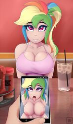 burstfire bursting_breasts dyed_hair equestria_girls female female_focus huge_breasts human human_only humanized image_comparison juxtaposition my_little_pony nude public rainbow_dash_(mlp) smooth_skin tongue_out