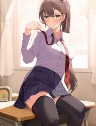 1girls brown_hair classroom collared_shirt desk fed_(giba) female green_eyes hair_ribbon highres indoors long_hair looking_at_viewer necktie open_clothes original ponytail ribbon school_uniform shirt sitting solo thighhighs thighs very_long_hair window zettai_ryouiki