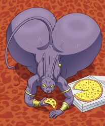 1boy 2d a-side ass ass_bigger_than_head beerus big_ass big_butt deity dragon_ball feline food furry furry_only god gold_jewelry hairless_cat high_angle_view huge_ass huge_butt hyper_ass hyper_butt large_male looking_at_viewer looking_up male male_only muscles muscular muscular_male naked no_genitals no_sex nonhuman nude on_all_fours pizza pizza_box purple_body purple_fur smile smiling_at_viewer solo solo_male tail thick_thighs