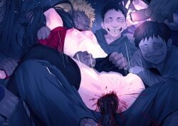 black_hair black_hair_female black_thighhighs bleeding_from_pussy blonde_hair_male blood blood_on_penis blood_stain bloody_pussy blush breasts bruise bruised_breast defloration fate/stay_night fate_(series) female female_pubic_hair grabbing_from_behind hairbow laughing lifted_shirt male medium_breasts mocking mosaic_censoring multiple_boys pale_nipples penetration penis penis_piercing phone pink_nipples pubic_hair pubic_stubble pussy red_shirt restrained sex shitappa0120 short_skirt smiling sole_female taking_picture teenage_girl teenager thighhighs tohsaka_rin twintails ugly_bastard vaginal_blood vaginal_penetration virgin virginal_blood