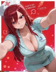 1girls 2025 :t ai_generated anime anime_girl anime_style arisua artist_name bangs big_breasts blush breasts cleavage collarbone covered_navel curvy curvy_body curvy_female dress english_text erza_scarlet fairy_tail female hair_between_eyes hat hi_res high_quality high_res high_resolution highres id_card large_breasts long_hair looking_at_viewer miniskirt name_tag nurse nurse_cap nurse_outfit patreon patreon_username pout red_background red_eyes red_hair short_dress short_sleeves skindentation solo thick_thighs thighs uncensored watermark