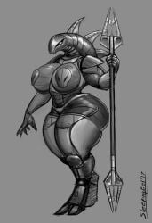 armor bionicle female large_breasts lego lehrak looking_at_viewer mechanical rahkshi short_shorts sleepingeel spines staff thick_thighs voluptuous
