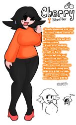 ass big_breasts black_hair breasts bulge cherry_blossom female female_only full_body fully_clothed futanari hair intersex massive_ass massive_boobs massive_breasts massive_thighs nervous nervous_smile open_mouth orange_sweater original_character original_characters thighs