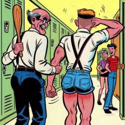 1:1 accurate_art_style ai_generated archie_comics ass back_view fully_clothed gay ginger male male_only matt_(artist) muscular older_male short_shorts tagme yaoi