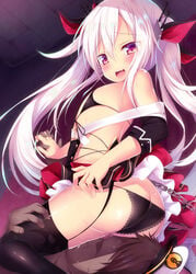 :d arched_back ass ass_cleavage azur_lane bangs bare_shoulders bikini_top black_bikini_top black_dress black_legwear black_panties black_sleeves blush butt_crack chains commander_(azur_lane) commentary_request detached_sleeves dress eyebrows_visible_through_hair female fingernails flat_chest front-tie_bikini front-tie_top garter_straps hair_between_eyes hand_holding hat holding_hands indoors interlocked_fingers long_hair long_sleeves looking_at_viewer looking_back oerba_yun_fang open_mouth panties peaked_cap ponpon_(tosico) pussy_juice red_eyes silver_hair sitting sitting_on_face sitting_on_person smile solo_focus straight thighhighs twintails underwear vampire_(azur_lane) very_long_hair white_hat