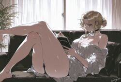 1girls ai_generated blonde_hair choker female glynda_goodwitch kizirugai reading reading_book rwby solo solo_female tagme