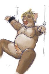 2011 anthro ass balls blonde_hair bondage bondage bound brown_body brown_fur buckteeth closed_eyes colored erection fur genitals guide_lines hair hi_res humanoid_genitalia humanoid_penis jeri_kleinlowe male mammal mouse murid murine nipples nude nude_male open_mouth overweight overweight_male penis perineum rodent simple_background solo spread_legs spreading tan_body tan_fur teeth tongue tongue_out white_background white_body white_fur