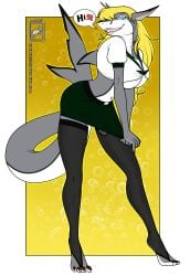 1girls 2012 4_toes 5_fingers absurd_res alpha_channel anthro aquatic biped blonde_hair blue_eyes breasts clothing dialogue digital_media_(artwork) english_text feet female fingers fish hair heart_symbol hi_res legwear lips long_hair looking_at_viewer non-mammal_breasts shark sharp_teeth smile solo speech_bubble standing stockings tail teeth text toes walter_sache