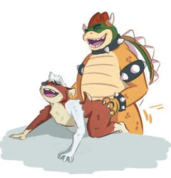 2boys all_fours anal anal_sex bara bowser gully gully_(character) male male_only mammal mario_(series) multiple_boys mustelid nintendo nude open_mouth penetration simple_background smile standing video_games weasel white_background yaoi