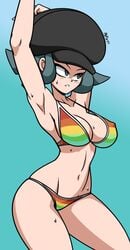 1girls aqua_eyes aqua_hair arm_up armpits arms_up ass belly big_ass big_breasts bikini blue_background blue_eyes blue_hair blush breasts cabbie_hat cleavage female female_only female_team_rainbow_rocket_grunt female_team_rocket_grunt hat human large_breasts looking_away mergeritter midriff navel nintendo pokemon pokemon_usm rainbow_swimsuit short_hair simple_background sole_female solo sweat swimsuit team_rainbow_rocket team_rainbow_rocket_grunt team_rainbow_rocket_grunt_(female) team_rocket team_rocket_grunt text thin_waist watermark wet wide_hips