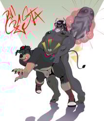 absurd_res anthro ass belly bodily_fluids bovid bovine canid canine canis cattle claws clothing cum cum_inside dillcresta domestic_dog duo ear_piercing facial_piercing falling footwear genital_fluids hi_res horn male male/male mammal mastiff molosser musclegut muscular nipple_piercing nipples nose_piercing penile penis piercing precum rottweiler sex shoes socks sweat tail wet