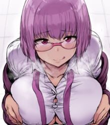 :q absurdres bangs breasts breath button_gap collarbone commentary eyebrows_visible_through_hair female glasses heavy_breathing hews_hack highres huge_breasts huge_filesize lavender_hair looking_at_viewer paizuri paizuri_under_clothes pink-framed_eyewear pov semi-rimless_eyewear shinjou_akane solo_focus ssss.gridman straight tongue tongue_out under-rim_eyewear