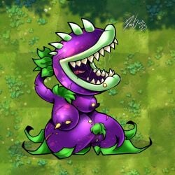 breasts carnivorous_plant chomper_(pvz) colored_skin dgrex2n erect_nipples fangs female grass ground large_breasts leaf nipples pierced_nipples plant plant_girl plants_vs_zombies pubic_hair purple_body purple_nipples purple_skin pussy pussy_juice pussy_juice_drip saliva saliva_string saliva_trail signature teeth tongue