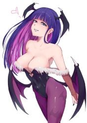absurdres animal_print bare_shoulders bat_print black_hair blue_eyes blunt_bangs breasts bridal_gauntlets cleavage collarbone colored_inner_hair cosplay covered_navel cowboy_shot cropped darkstalkers female female_focus from_side head_wings heart highleg highleg_leotard highres large_breasts leotard long_hair looking_at_viewer morrigan_aensland morrigan_aensland_(cosplay) multicolored_hair panty_&_stocking_with_garterbelt pantyhose print_pantyhose purple_pantyhose sensual smile solo standing stocking_(psg) stocking_anarchy straight_hair thighs two-tone_hair very_long_hair wings