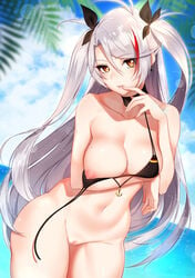 absurdres alternate_costume areolae arm_support arm_under_breasts arm_up azur_lane bangs bare_shoulders bikini bikini_tug black_bikini black_choker blurry blurry_background blush bottomless breasts brown_eyes choker cleavage collarbone cowboy_shot cross cross_earrings curvy day earrings eyebrows_visible_through_hair eyes_visible_through_hair female finger_to_mouth groin hair_between_eyes head_tilt highres jewelry large_breasts leaning_forward light_particles long_hair looking_at_viewer mole mole_on_breast multicolored_hair navel nipples ocean outdoors paid_reward palm_leaf patreon_reward prinz_eugen_(azur_lane) pussy red_hair shaved_pussy silver_hair skindentation solo sparkle stomach streaked_hair swimsuit thighs third-party_edit tofuubear two_side_up uncensored untied untied_bikini very_long_hair