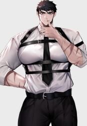 alchemy_stars bara bara_tits belt belt_buckle big_breasts blood_on_face booba gay god_damn huge_biceps huge_breasts ice_kelp male muscular muscular_arms muscular_male neck_tie pittman_(alchemy_stars) sexy_body sexy_male tight_clothing voluptuous_male workday yaoi