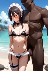 1boy 1girls ai_generated ayuzawa_misaki black_hair dark-skinned_male dark_skin embarrassed female kaichou_wa_maid-sama! maid maid_bikini maid_headdress male nude_male penis yellow_eyes