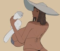 1boy 1girls 2d 2d_(artwork) big_breasts bigger_female bikini black_hair black_hair_female breasts dark-skinned_female dark_skin extreme_size_difference female imminent_sex large_boobs large_breasts larger_female living_sex_toy looking_back male nico_robin one_piece original_character purple_bikini self-insert self_insert shorter_male size_difference small_but_hung smaller_male smoxul