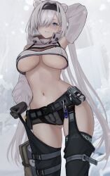 animal_ears arknights arm_behind_head arm_up aurora_(arknights) bear_ears bear_girl belt black_gloves black_hairband black_shorts black_thighhighs blue_eyes blush breasts commentary_request contrapposto crop_top detached_sleeves extra_ears female gloves gluteal_fold grey_hair hair_intakes hair_over_one_eye hairband highres kyuu_(q_des9) large_breasts long_hair long_sleeves looking_at_viewer navel_piercing piercing puffy_long_sleeves puffy_sleeves short_shorts shorts smile solo thighhighs thighs underboob utility_belt