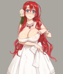 bare_shoulders blue_eyes blush boudica_(fate) breasts cleavage commentary_request cum cum_on_body cum_on_breasts cum_on_dress cum_on_upper_body dress fate/grand_order fate_(series) female flower green_eyes hair_flower hair_ornament huge_breasts jewelry large_breasts long_hair looking_at_viewer necklace red_hair shoe-ji solo strapless strapless_dress wedding_dress white_dress