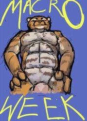 2012 abs anthro balls blue_background claws colored english_text felid fur genitals guide_lines hands_on_hips hi_res jeri_kleinlowe looking_at_viewer macro male male_only mammal micro_pov muscular muscular_male navel nipples nude nude_male orange_body orange_fur pantherine penis pink_penis simple_background solo standing striped_body striped_fur stripes tan_body tan_fur text tiger yellow_text