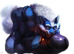 anthro auto_penis_lick balls big_balls big_penis black_penis blue_body blue_fur canid canine dust_yang ear_piercing erection eyewear fur gauged_ear genitals glasses huge_balls huge_cock humanoid_genitalia humanoid_penis hyper hyper_genitalia hyper_penis inner_ear_fluff jewelry kris_(aolun) licking male mammal masturbation muscular muscular_anthro muscular_male narrowed_eyes necklace nude open_mouth oral oral_masturbation orange_eyes penile penile_masturbation penis piercing rectangular_glasses self_lick simple_background solo tongue tongue_out tuft wearing_glasses white_background white_inner_ear_fluff