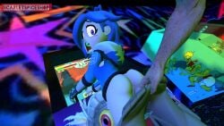 1girls 3d arcade bare_ass blue_eyes blue_hair female from_behind glitch_productions meta_runner pants_pull scarletspiceshop shocked smg4 tari_(smg4)