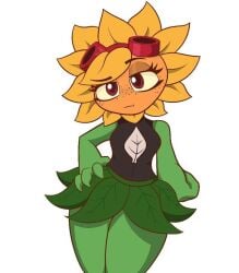 1girls 1plant big_breasts breasts female grey_body imminent_penetration imminent_sex imminent_vaginal looking_at_viewer looking_pleasured looking_up plant plant_girl plant_humanoid plants_vs._zombies plants_vs_zombies popcap_games pvz sheet sheets smile smiling solar_flare_(pvz) sunflower sunflower_(pvz) sunflower_hair_ornament white_background