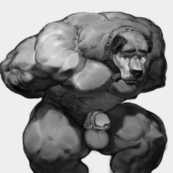 1:1 abs anthro balls barazoku bodily_fluids canid canine canis chastity_cage chastity_device collar domestic_dog dust_yang front_view genitals hands_behind_back hi_res humanoid_genitalia humanoid_penis looking_at_viewer male male_anthro mammal monochrome mouth_closed muscular muscular_anthro muscular_male nipples nude pecs penis simple_background snot solo tears wearing_chastity_cage wearing_chastity_device
