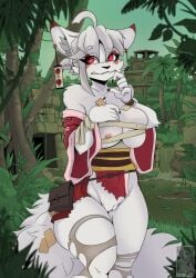 2025 anthro asian_clothing big_breasts breasts canid canine clothing east_asian_clothing female fluffy fluffy_tail forest fox fur genitals hair hi_res japanese_clothing jungle kimono mammal nipples ofuda pink_nipples plant pussy red_eyes ruins senkou_(jamesthegamer2) solo tail talisman thick_thighs torn_clothing tree vulva white_body white_fur white_hair wide_hips yawg