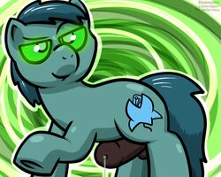 ambiguous_fluids animal_genitalia animal_penis balls brown_penis cutie_mark earth_pony equine equine_penis fan_character feral glowing glowing_eyes green_background green_eyes hooves horse horsecock male mammal my_little_pony penis poison_trail pokehidden pony quadruped simple_background smile solo