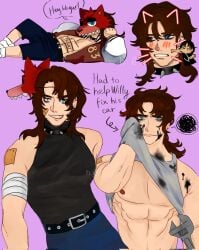 1boy abs annoyed bara belt clothed five_nights_at_freddy's five_nights_at_freddy's_4 male masked masked_mal michael_afton muscular muscular_male nipples oil pants shirt shirt_up varsity_jacket wrench yona_akaihono
