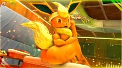 16:9 1boy 2025 3d 3d_(artwork) 4k 5_fingers absurd_res accessory anthro anthro_only ass balls big_butt blonde_hair calem_(tcflsfm) dialogue digital_media_(artwork) eeveelution english_text fingers flareon fur furry_tail game_freak generation_1_pokemon genitals glans hair hand_on_knee hand_on_leg headband hi_res looking_at_viewer male male_flareon male_only neck_tuft nintendo nipples open_mouth orange_body orange_eyes orange_fur penis pokemon pokemon_(species) sitting smile solo solo_anthro solo_male tail tcflsfm text thick_thighs tuft white_sclera widescreen yellow_body yellow_fur yellow_glans