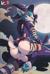 2024 anthro anus artist_name blep blue_anus blue_eyes blue_hair blue_pawpads blue_tongue broom broom_riding cleaning_tool closed_smile clothing dated dotted_background eyewear fangs fur glasses hair hat headgear headwear hi_res looking_at_viewer male male_anthro moon mouth_closed night outside pattern_background pawpads presenting presenting_anus presenting_balls purple_clothing purple_hat purple_headwear purple_topwear simple_background slight_smile smile solo striped_arms striped_legs teeth text tongue tongue_out topwear vesper_art white_body white_fur witch_hat