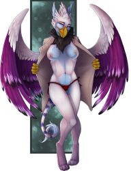2020 4_toes 5_fingers alpha_channel anthro archery_(artist) areola avian breasts clothing digital_media_(artwork) eyebrows eyelashes feathered_wings feathers feet female fingers green_eyes gryphon hi_res mythological_avian mythological_creature mythology nipples non-mammal_breasts panties purple_body purple_feathers solo toes underwear wings