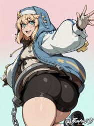 ai_generated androgynous aqua_background aqua_eyes bike_shorts blonde_hair bonfen291 bridget fingerless_gloves futanari guilty_gear guilty_gear_strive habit handcuffs hood_up hooded_jacket intersex leg_up medium_hair no_genitals_shown open_hoodie open_mouth self_upload smile solo spread_arms thick_thighs trans_woman