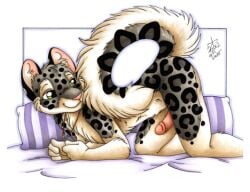 2012 all_fours anthro ass_up black_body black_fur erection felid fur genitals green_eyes grey_body grey_fur humanoid_genitalia humanoid_penis inner_ear_fluff jewelry leopard_spots looking_back low_res male mammal marker_(artwork) michele_light necklace necklace_only nude pantherine pen_(artwork) penis pillow pink_inner_ear pink_nose pink_penis raised_tail shaded smile snout snow_leopard solo spots tail traditional_media_(artwork) tuft white_body white_fur white_inner_ear_fluff