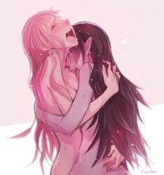 2girls adventure_time arms_around_waist black_hair blush breasts closed_eyes commentary_request drooling female grey_skin haidara head_down head_tilt highres hug licking long_hair marceline moaning multiple_girls naked nude open_mouth pink_hair pink_skin pointy_ears princess_bubblegum saliva sweat symmetrical_docking upper_body vampire very_long_hair yuri