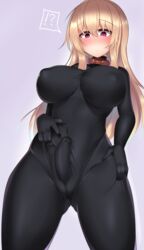 1futa black_bodysuit blonde_hair blush bodysuit breasts bulge cameltoe collar color commentary_request cowboy_shot erection erection_under_clothes eyebrows_visible_through_hair futa_only futanari futanari_exposed hair_between_eyes highres intersex kubiwa_(kutan) kutan large_breasts long_hair looking_at_viewer original penis purple_background red_eyes skin_tight solo