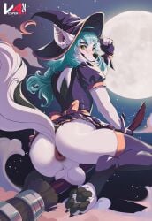 2024 anthro anus artist_name balls black_nose black_pawpads blue_hair broom broom_riding canid canine cleaning_tool closed_smile clothing dated femboy fur glistening glistening_eyes green_eyes hair hat headgear headwear hi_res industrial_piercing_ladder long_hair looking_at_viewer male male_anthro mammal moon mouth_closed night outside pawpads presenting presenting_anus presenting_balls purple_clothing purple_hat purple_headwear purple_topwear red_anus smile solo text topwear vesper_art white_body white_fur witch_hat