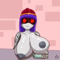 android artist_signature body_modification breasts doll_(murder_drones) female female_only hard_hat huge_breasts murder_drones purple_hair red_eyes repetrus sweatdrop