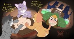 anthro bondage bondage bound capcom captured claws dominant dominant_female feet felid felyne female feral fur gag gagged group hi_res human human_on_anthro interspecies lynian male male/female male_on_anthro mammal melynx monster_hunter palico striped_body striped_fur stripes tickle_fetish tickle_torture tickling tickling_feet ticklishboys tj-45 vigorwasp