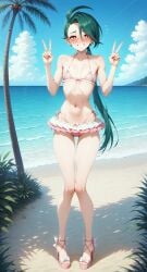 1girls ahoge ai_generated aimoonshine alternate_costume ass_visible_through_thighs bare_shoulders beach bikini bikini_skirt blue_sky blush breasts bright_pupils cloud collarbone day double_v earrings embarrassed feet female female female_only flat_chest flying_sweatdrops frilled_bikini frills full_body game_freak green_hair grin hands_up high_heels highleg highleg_bikini horizon jewelry knees knees_together_feet_apart legs long_hair looking_at_viewer nail_polish navel nervous_smile nintendo nose_blush ocean outdoors palm_tree pigeon-toed pink_bikini pink_footwear platform_footwear pokemon pokemon_sv ponytail red_eyes ribs rika_(pokemon) sandals shadow side-tie_bikini_bottom skinny sky small_breasts smile solo solo_female standing stomach strappy_heels stud_earrings swimsuit teeth thigh_gap toenail_polish toenails toes tree v very_long_hair water white_pupils