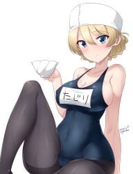 1girls black_pantyhose blonde_hair blue_eyes blush braid breasts cleavage collarbone commentary covered_navel covered_nipples cup darjeeling female girls_und_panzer hair_between_eyes highres kuzuryuu_kennosuke large_breasts legs looking_at_viewer one-piece_swimsuit pantyhose pantyhose_under_swimsuit school_swimsuit simple_background solo swim_cap swimsuit teacup thighs white_background