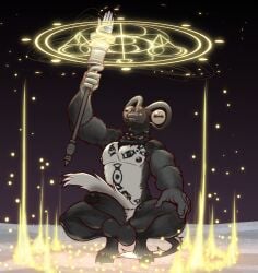 2025 anthro areola balls bell biceps big_balls big_muscles big_penis black_background bottomwear bovid caprine caprine_demon clothed clothing crouching daxhush demon elden_ring elden_ring_nightreign erection fromsoftware fur genitals glans goat_demon hi_res holding_object holding_staff hooves horn huge_balls huge_cock humanoid_genitalia humanoid_penis jingle_bell libra_creature_of_night loincloth magic magic_user male male_only mammal markings muscles muscular muscular_anthro muscular_male nails nipples pecs penis raised_bottomwear raised_clothing raised_loincloth saggy_balls simple_background smile solo staff symbol teeth thick_penis topless topless_anthro topless_male tuft uneven_balls urethra